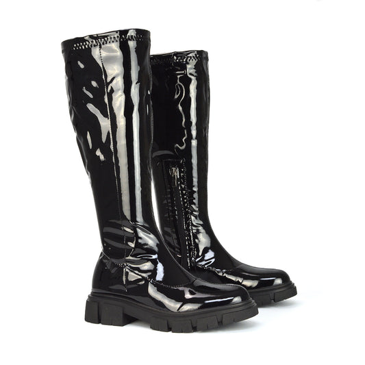 BLACK PATENT | XY London | Black Biker Boots,Black Knee High Biker Boots,Black Chunky Boots