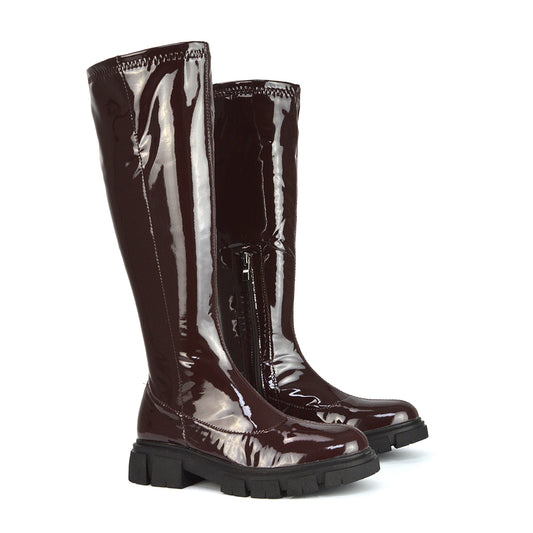 BROWN PATENT | XY London | Brown Boots,Brown Chunky Boots,Brown Biker Boots,