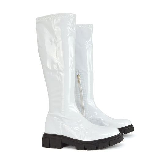 WHITE PATENT | XY London | White Chunky Boots,White Biker Boots,White Knee High Biker Boots