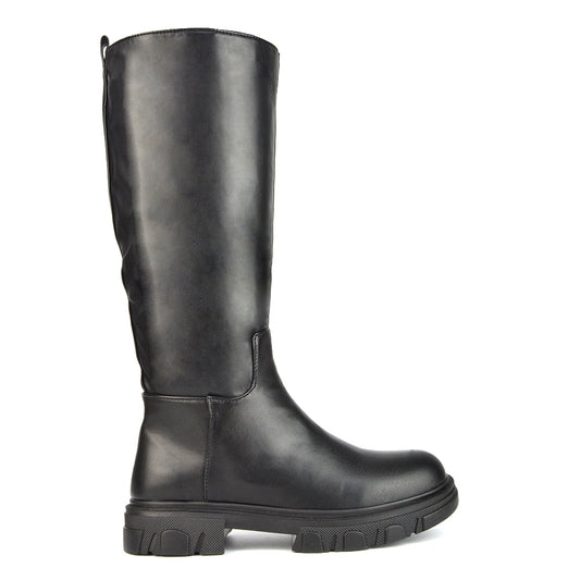 BLACK | XY London | black knee high biker boots,black boots, black knee high boots, black biker boots,black flat boots,black chunky boots