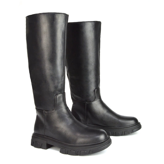 BLACK | XY London | black knee high biker boots,black boots, black knee high boots, black biker boots,black flat boots,black chunky boots