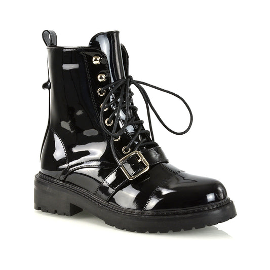 black patent | XY London | Chunky Biker Boots,Ladies Boots,Lace Up Boots,Biker Boots,Ankle Boots
