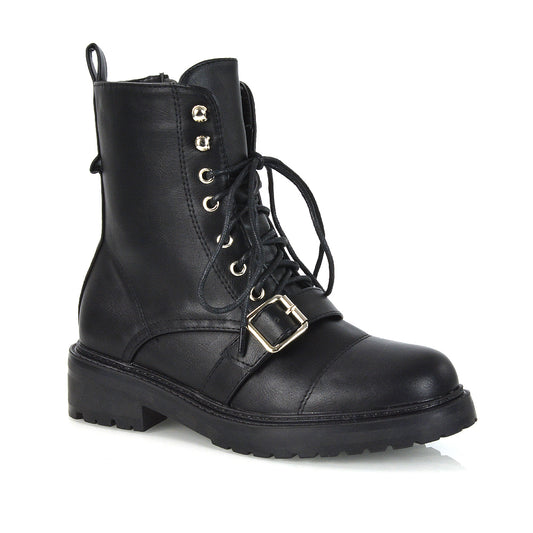 black synthetic leather | XY London | Black Biker Boots,Ankle Boots,Black Boots,A/W 2020,Black Lace Up Boots