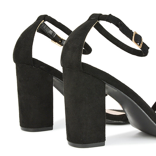 black faux suede | XY London | Black Block Heels,Black Heels,Black Strappy Heels,Black Toe Loop Heels,Black High Heels
