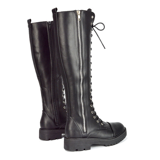 black synthetic leather | XY London | Black Boots Womens,Black Flat Boots Womens,Knee High Boots For Women,Lace Up Boots Womens,Military Boots,Black Biker Boots