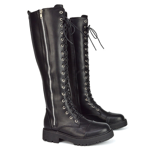 black synthetic leather | XY London | Black Boots Womens,Black Flat Boots Womens,Knee High Boots For Women,Lace Up Boots Womens,Military Boots,Black Biker Boots