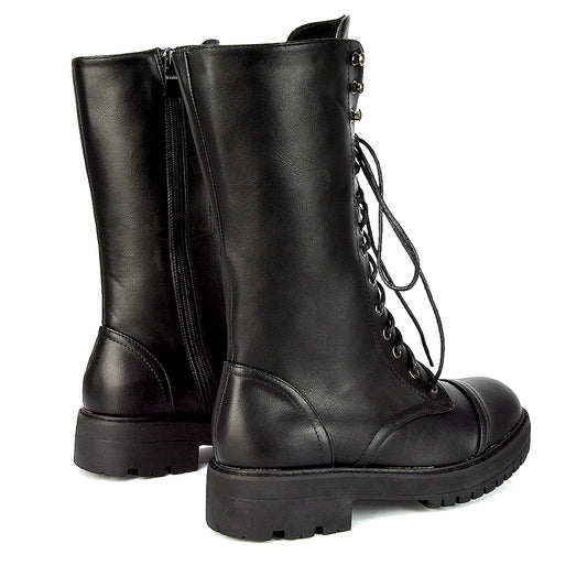 black synthetic leather | XY London | Black Boots,Black Combat Boots,Black Biker Boots,Black Lace Up Boots,Black Lace Ups,AW21