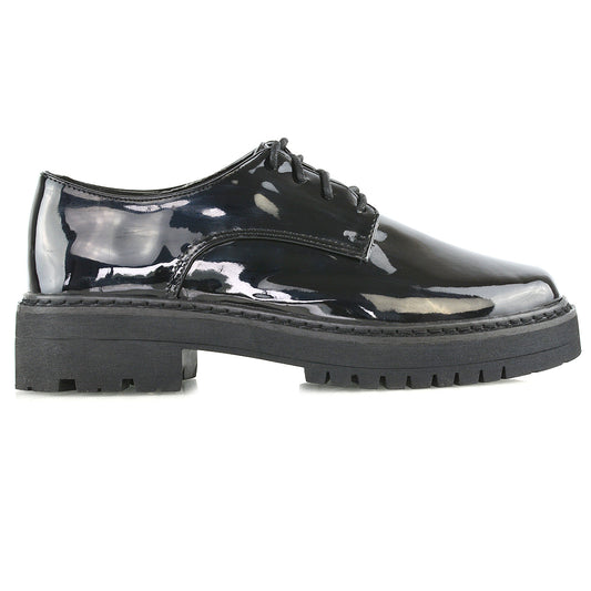 black patent | XY London | womens pumps,chunky sole shoes,lace up brogues ,school shoes in black patent