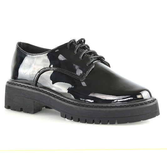 black patent | XY London | womens pumps,chunky sole shoes,lace up brogues ,school shoes in black patent