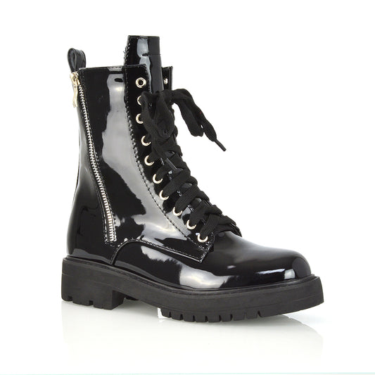 black patent | XY London | Biker Boots,Lace Up Boots,Ankle Boots,Biker Ankle Boots,Combat Boots