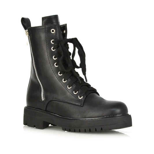 black synthetic leather | XY London | Black Boots,Black Biker Boots,Black Lace Up Boots,Black Lace Up Boots,Black Zip Detailing Boots