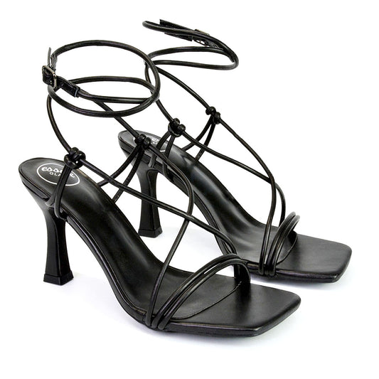 black synthetic leather | XY London | black heels,black mid heels,black strappy heels,black lace up heels