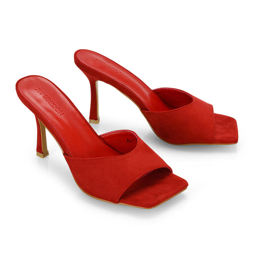 red | XY London | square toe heels ,red faux suede heels,heeled mules,womens heels online,red heels