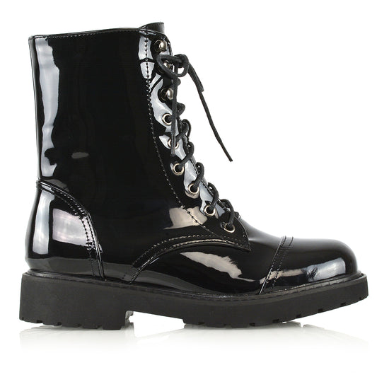 black patent | XY London | ankle boots,boots,biker boots,lace up boots,combat boots,patent boots,zip up boots