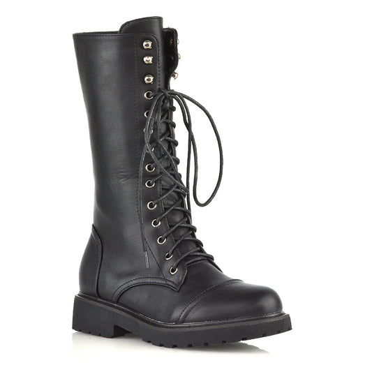 black synthetic leather | XY London | biker boots,mid calf high boots,military chunky sole boots in black,lace up boots,chunky sole military boots