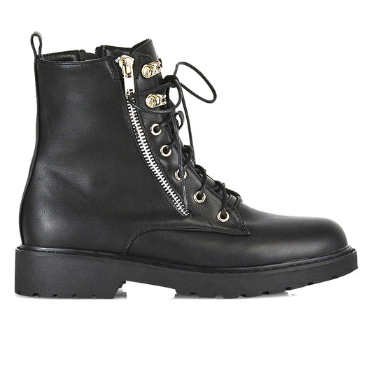 black synthetic leather | XY London | womens black biker boots,ankle boots in black,lace up boots,zip up ankle boots,chunky sole boots