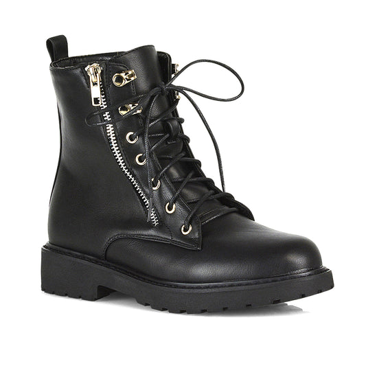 black synthetic leather | XY London | womens black biker boots,ankle boots in black,lace up boots,zip up ankle boots,chunky sole boots