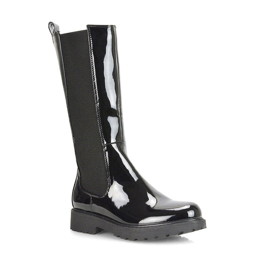 black patent | XY London | elasticated boots,black patent biker boots,chunky biker boots,ladies boots online,black patent boots