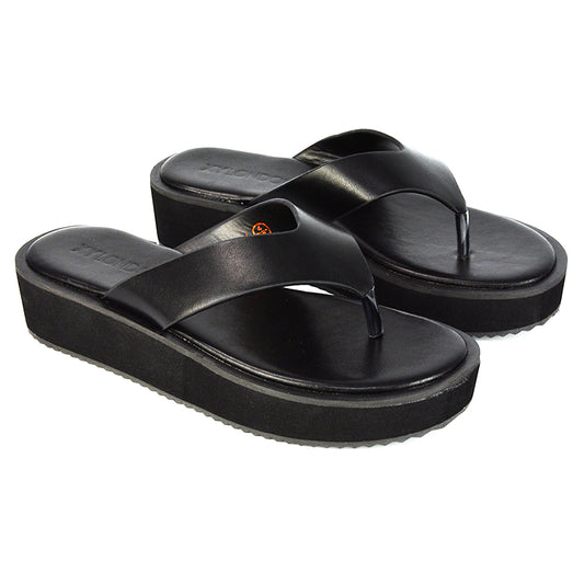Black Synthetic Leather| XY London | Black Sliders,Black Flatforms,Black Toe Post Sandals,Black Platform Sandals