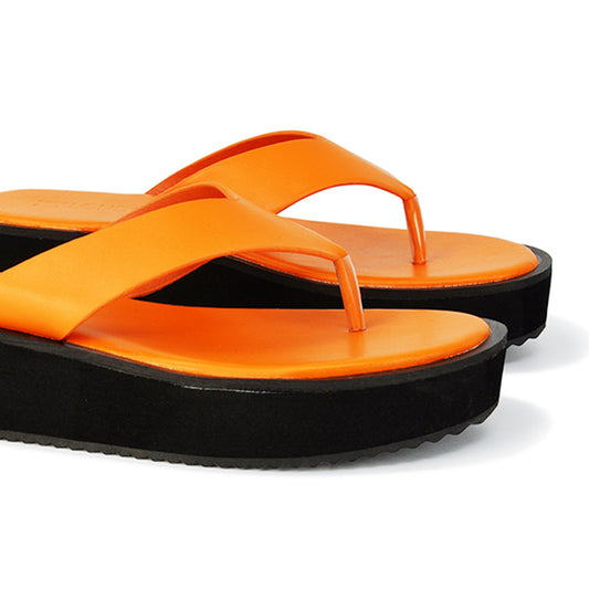 Orange Synthetic Leather | XY London | Orange Sliders,Orange Flatforms,Orange Toe Post Sandals,Orange Platform Sandals