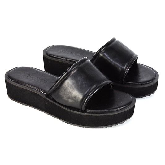 Black Synthetic Leather | XY London | Black Flatform Sandals,Black Sliders,Black Slides,Black Flatforms