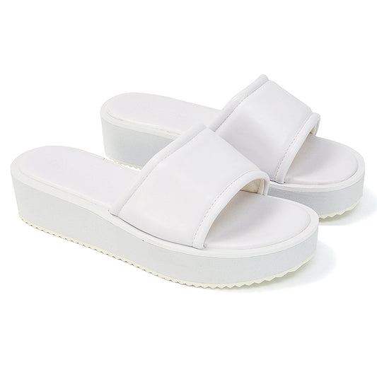 White synthetic leather| XY London | White Flatform Sandals,White Sliders,White Slides,White Flatforms