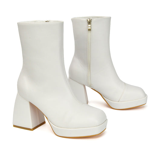 White Synthetic Leather | XY London | White Boots,White Ankle Boots,White Platform Boots,White Heeled Boots,White Square Toe Boots