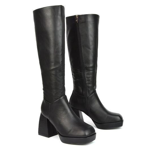 Black Synthetic Leather | XY London | Black Boots,Black Knee High Boots,Black Long Boots,Black Heeled Boots,Black Square Toe Boots,Black High Heel Boots