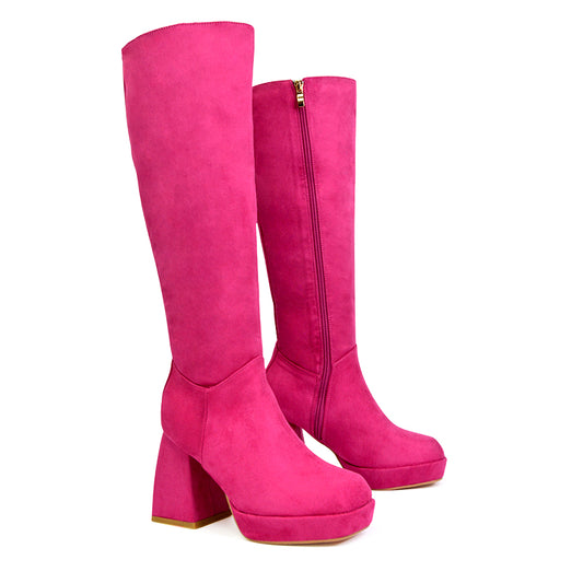 Pink | XY London | pink boots,pink block heel boots,pink knee high boots,pink heeled boots,pink high heel knee high boots,