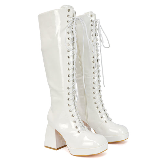 White | XY London | White Boots,Nude High Heel Boots,White Platform Boots,Nude Lace up Knee High Boots,Nude Lace up Platform Boots