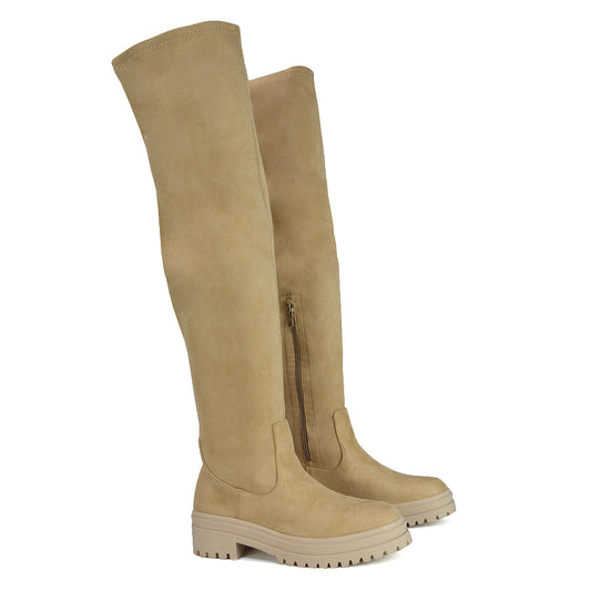 Beige Synthetic Leather | XY London | Beige Over the Knee Boots,Beige Boots, Beige Long Boots, beige flat boots,beige thigh high boots,beige chunky boots