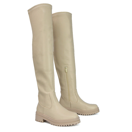 Beige Synthetic Leather | XY London | Beige Over the Knee Boots,Beige Boots, Beige Long Boots, beige flat boots,beige thigh high boots,beige chunky boots