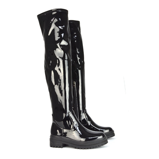 Black patent| XY London | Black Boots,Black Boots for Women, Womens Black Boots, Black Knee High Boots,Black Flat Boots