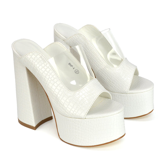 | XY London | White Mules,White High Heels, White Platform Heels, White Mule Heels,White Perspex Heels