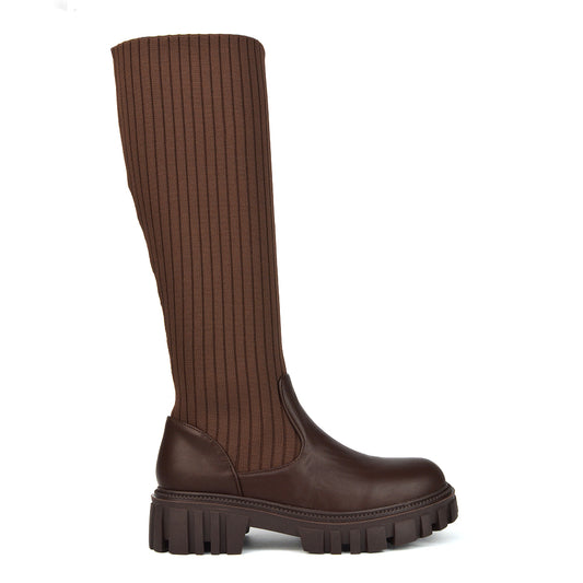 | XY London | Brown knee high boots,brown boots, brown long boots, brown chunky boots,brown flat boots,brown sock boots