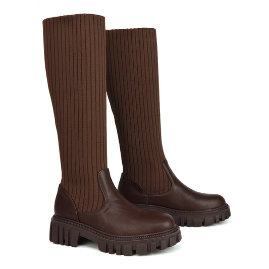 | XY London | Brown knee high boots,brown boots, brown long boots, brown chunky boots,brown flat boots,brown sock boots