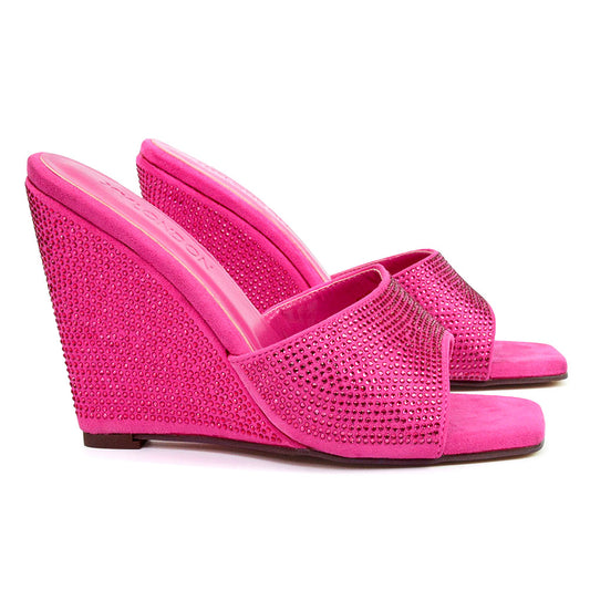 | XY London | pink wedges,pink wedge heels,pink wedge sandals,pink wedge heel sandals,pink diamante wedges