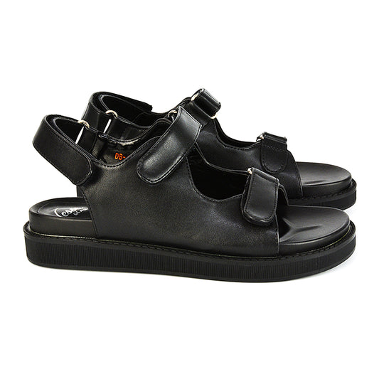 Black Synthetic Leather | XY London | Black Sandals,Black Sandals,Black Flat Sandals,Black Strappy Sandals