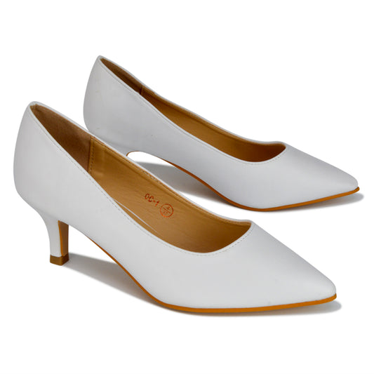 Elegant white slip-on kitten heel court shoes in classic style, perfect for wedding, formal events, or everyday chic. Featuring comfortable low heels, these stylish and versatile shoes offer a sophisticated look for both professional and dressy occasions.