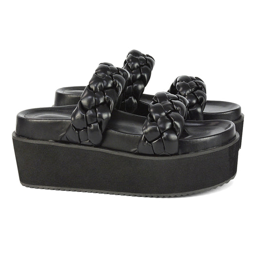 Black Synthetic Leather | XY London | Black Woven Sandals,Black Flatform Sandals,Black Flatforms,Black Wedges