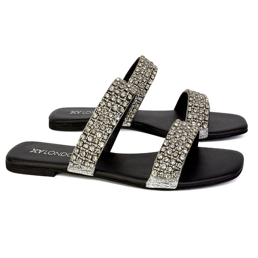 | XY London | black sandals,black sliders,black flat sandals,black diamante sandals
