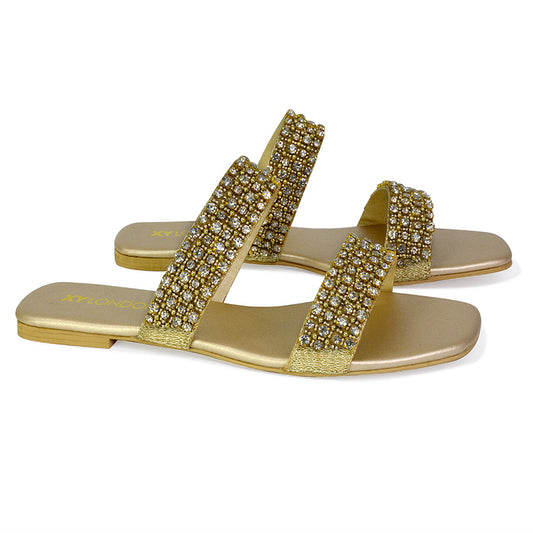 Gold | XY London | gold sandals,gold sliders,gold flat sandals,gold diamante sandals