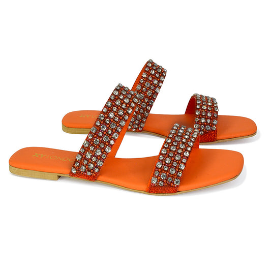 | XY London | orange sandals,orange sliders,orange flat sandals,orange diamante sandals