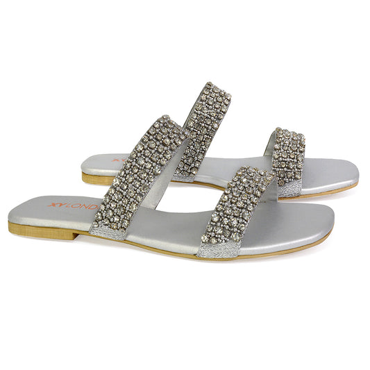 | XY London | silver sandals,silver sliders,silver flat sandals,silver diamante sandals