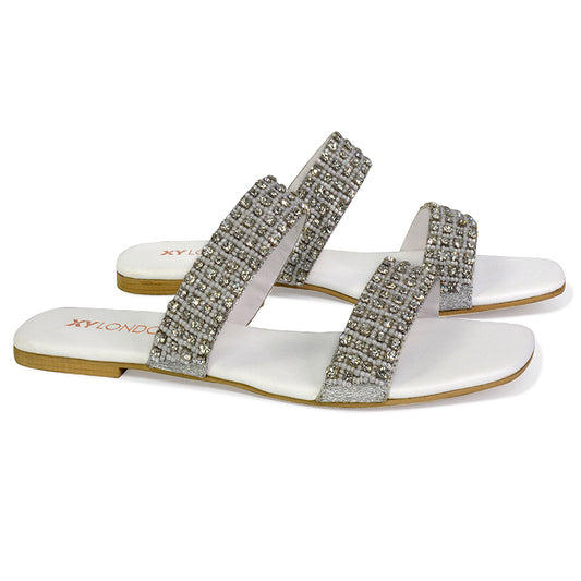 White | XY London | white sandals,white sliders,white flat sandals,white diamante sandals
