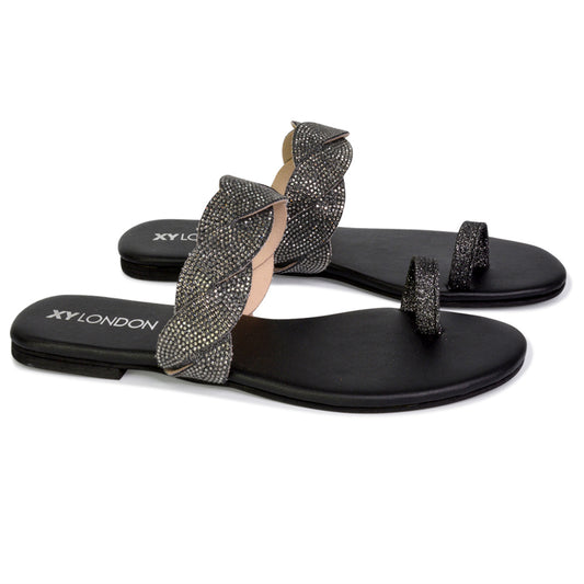 | XY London | black sandals,black sparkly sandals,black toe post sandals,black woven sandals,black diamante sandals