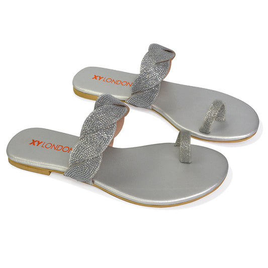 Silver  | XY London | silver sandals,silver toe post sandals,silver sparkly sandals,silver woven sandals,silver diamante sandals