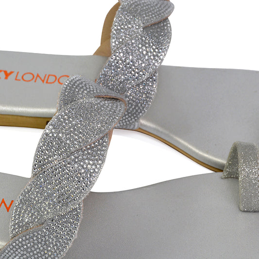 Silver  | XY London | silver sandals,silver toe post sandals,silver sparkly sandals,silver woven sandals,silver diamante sandals
