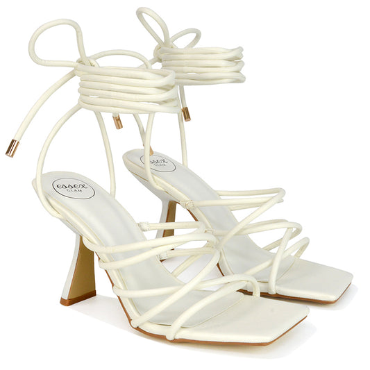 White synthetic Leather | XY London | white heels,white high heels,white block heels,white lace up heels