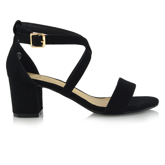 | XY London | Strappy Black Heels,Low Block Heels,Black faux suede heels